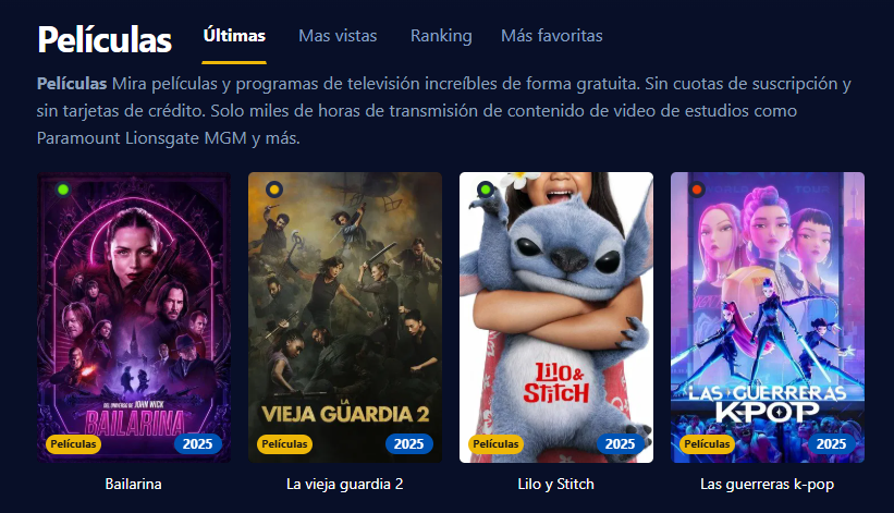 Imagen de la interfaz de Pepelisplus mostrando películas y series organizadas por temas